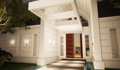Virtual Reality rendering of dramatic front entry of modern farmhouse designed by 2e Architects in Northern Maryland