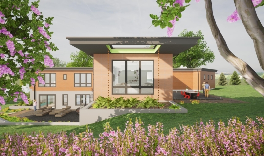 Exterior Virtual Reality rendering of hillside modern home designed by 2e Architects in Northern Maryland