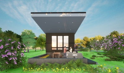 Outdoor entertaining space expands living area in design renderings for new modern style home with small footprint in Northern Maryland